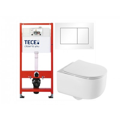 Комплект 4 в 1 (Унитаз подвесной BelBagno Soft-Tor BB084CH-TOR безободковый с микролифтом BB051SC+Инсталляция TECEbase + Кнопка TECEnow белая 9400413)