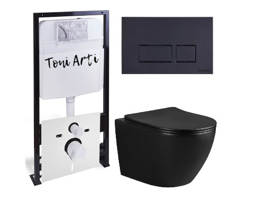 Комплект 3 в 1 (Унитаз подвесной Solido WH-003MB безободковый с микролифтом+Инсталляция TONI ARTI TA-01+Кнопка TONI ARTI Noche TA-0044 черный/матовый)